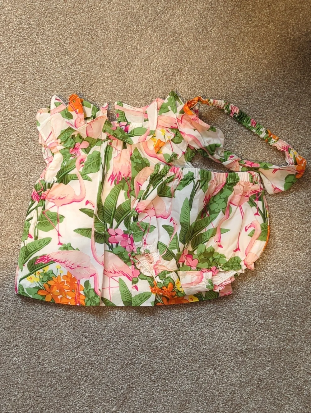 Janie And Jack 0-3 Months Girl Tropical Flamingo Baby Set - Pink & Green